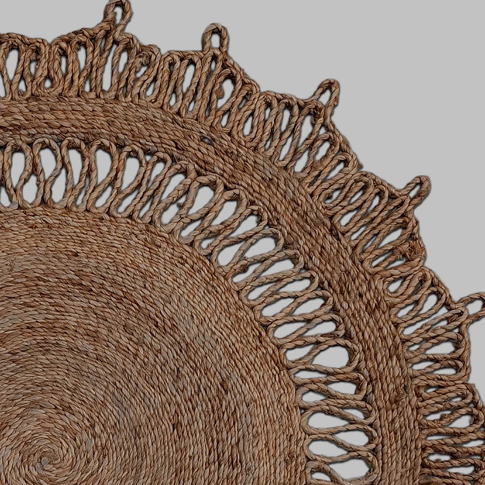 Round Jute Carpet 3 x 3 Ft Natural Handmade Braided Boho Fringe Rug