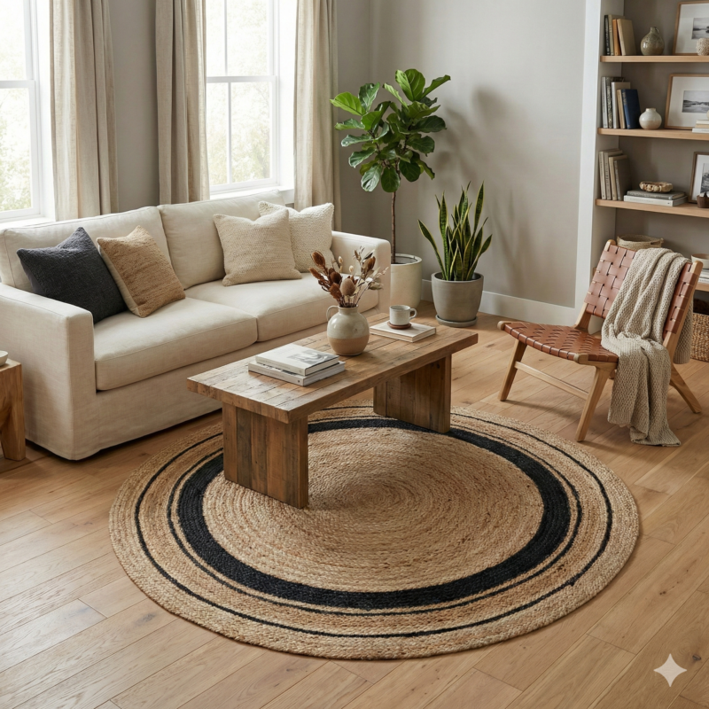 3 ft round natural black braided jute rug 90 cm