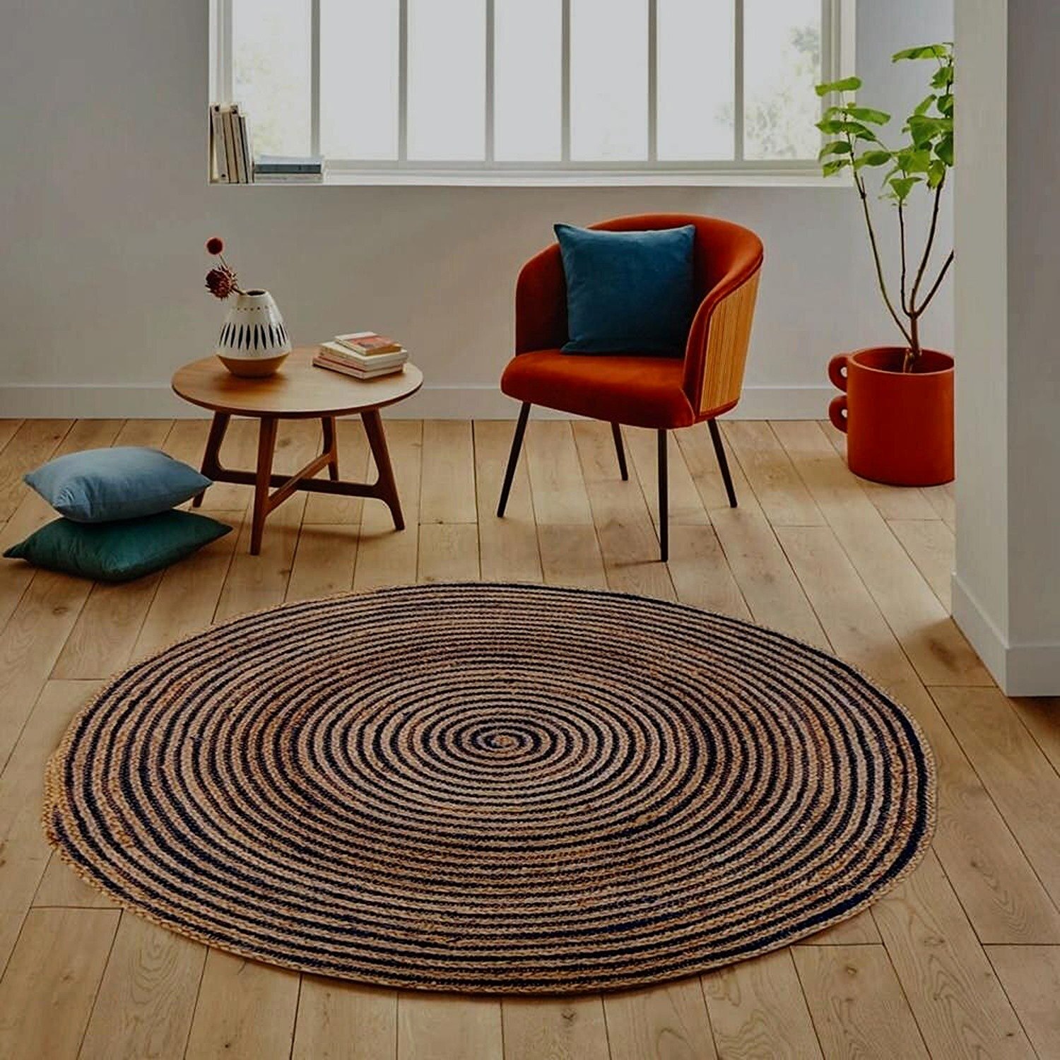 MRICStudio 3 Ft Round Natural & Blue Braided Jute Rug (90 cm) – Handmade Floor Carpet