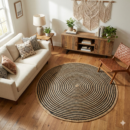 3 Ft Round Natural & Black Braided Jute Carpet (90 cm) – Handmade Floor Rug