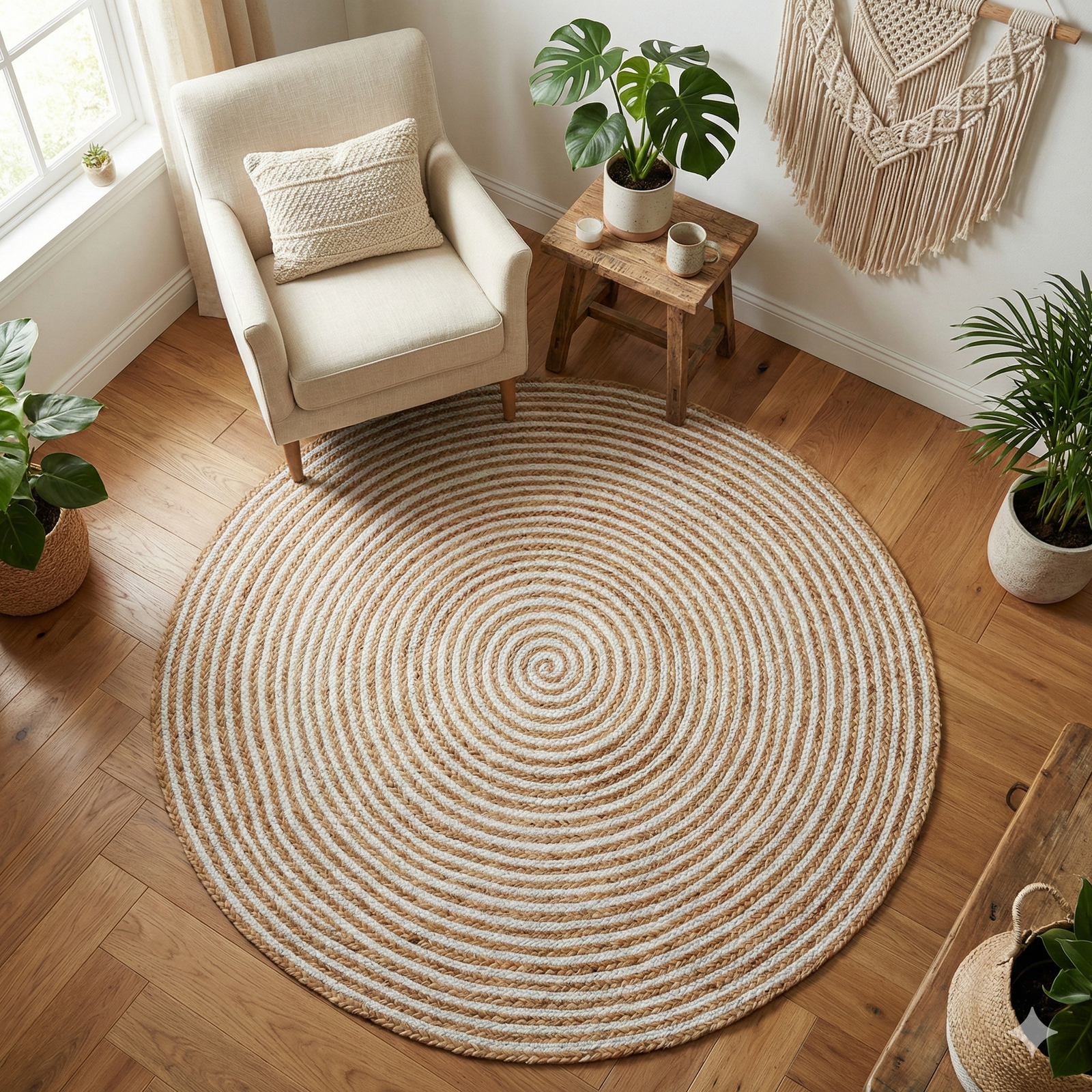 3 Ft Round Natural & White Braided Jute Rug (90 cm) for Living Room