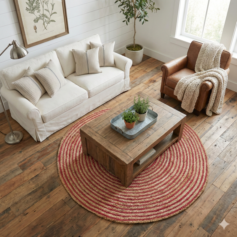 3 Ft Round Red & Natural Braided Jute Carpet (90 cm) – Handmade Rug for Living Room