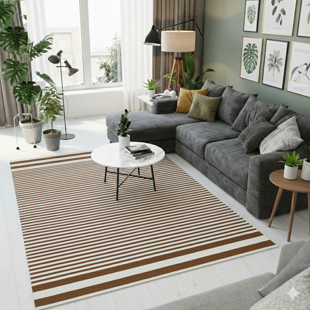 MRIC Studio 5x8 FT Wool Flatweave Rug (150 x 240 CM) – Premium Brown & White Stripe Carpet