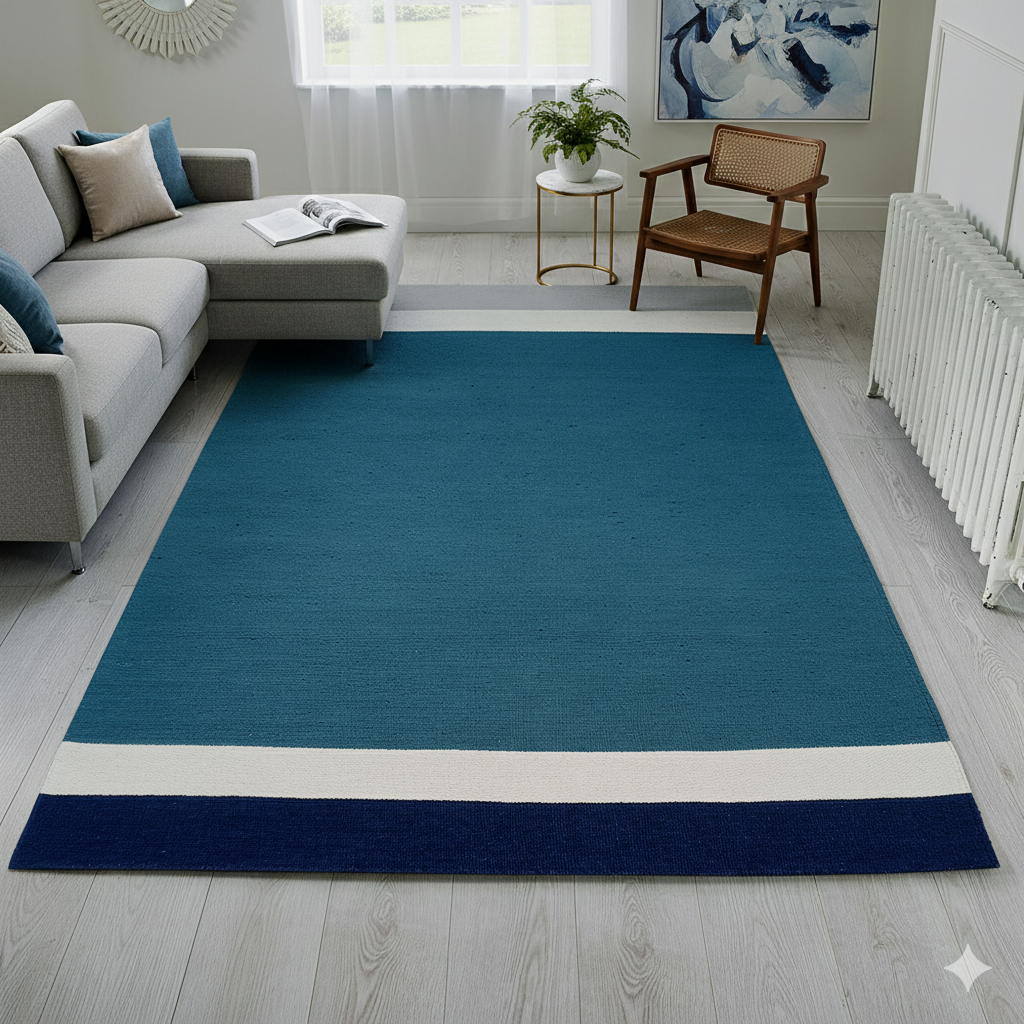 5x7 FT Flatweave Wool Rug (150 x 210 CM) – Modern Teal Blue Border Carpet | MRIC Studio