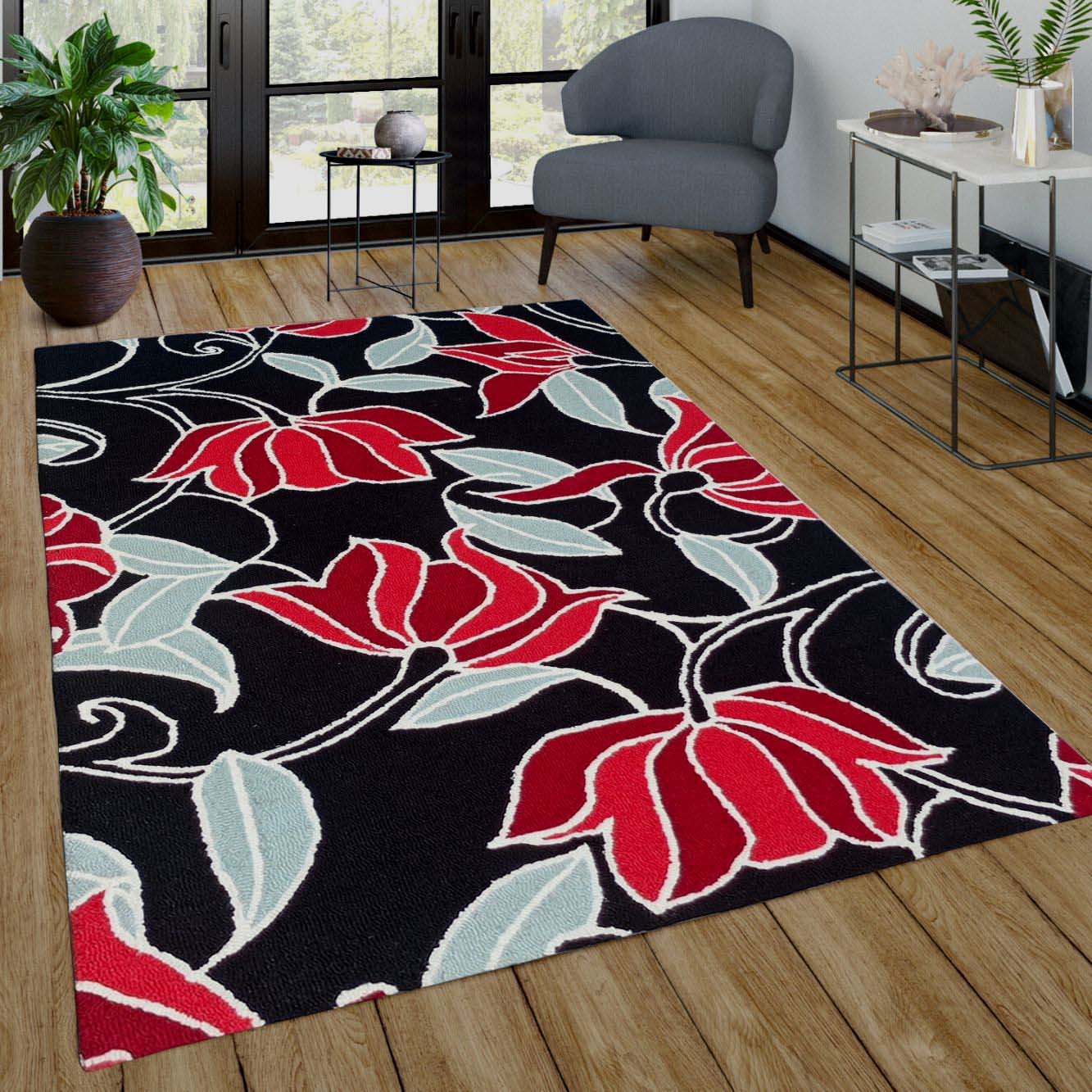 MRIC Studio 4x6 FT Hand Tufted Wool Rug (120x180 CM) – Premium Luxury Soft Black & Red Floral Carpet