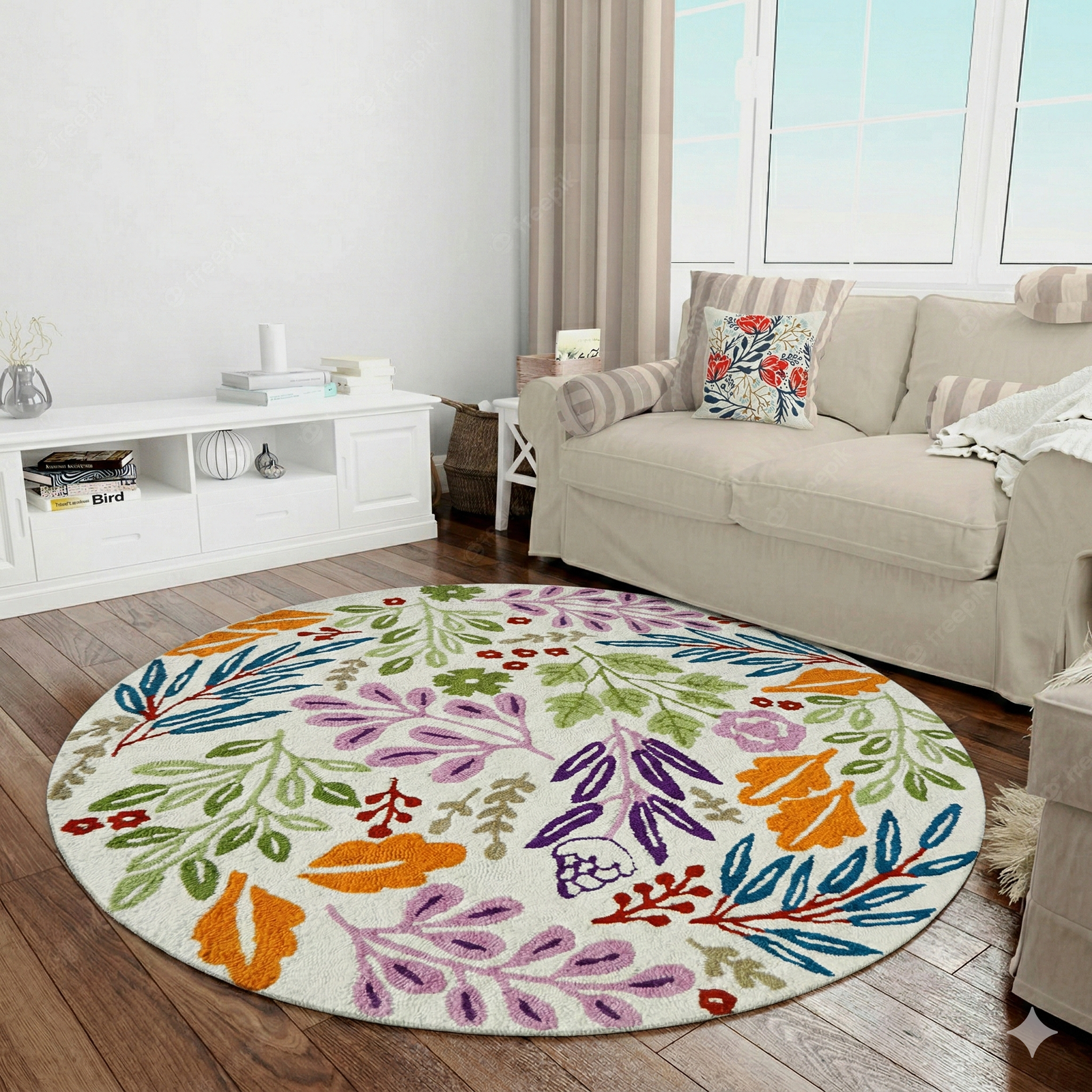 MRICStudio Premium 5 FT Round Hand Tufted Wool Carpet – Beautiful Floral Living Room Rug (150 CM Round)