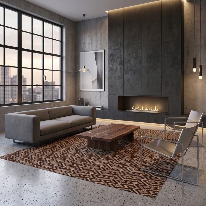 5x8FT handwoven jute wool rug natural black jacquard flat weave living room