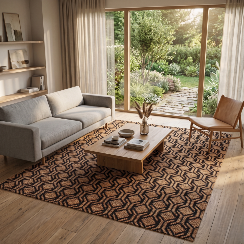 5x8FT handwoven jute rug natural black flat weave geometric living room
