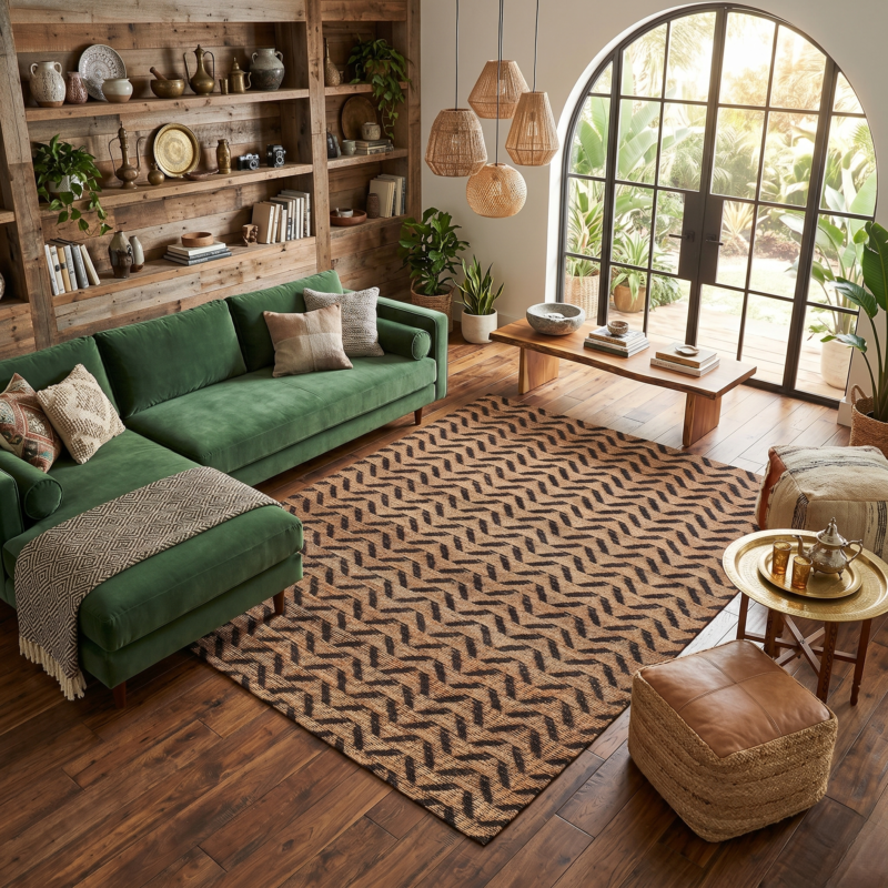 5x8FT handwoven jute rug natural black chevron flat weave living room