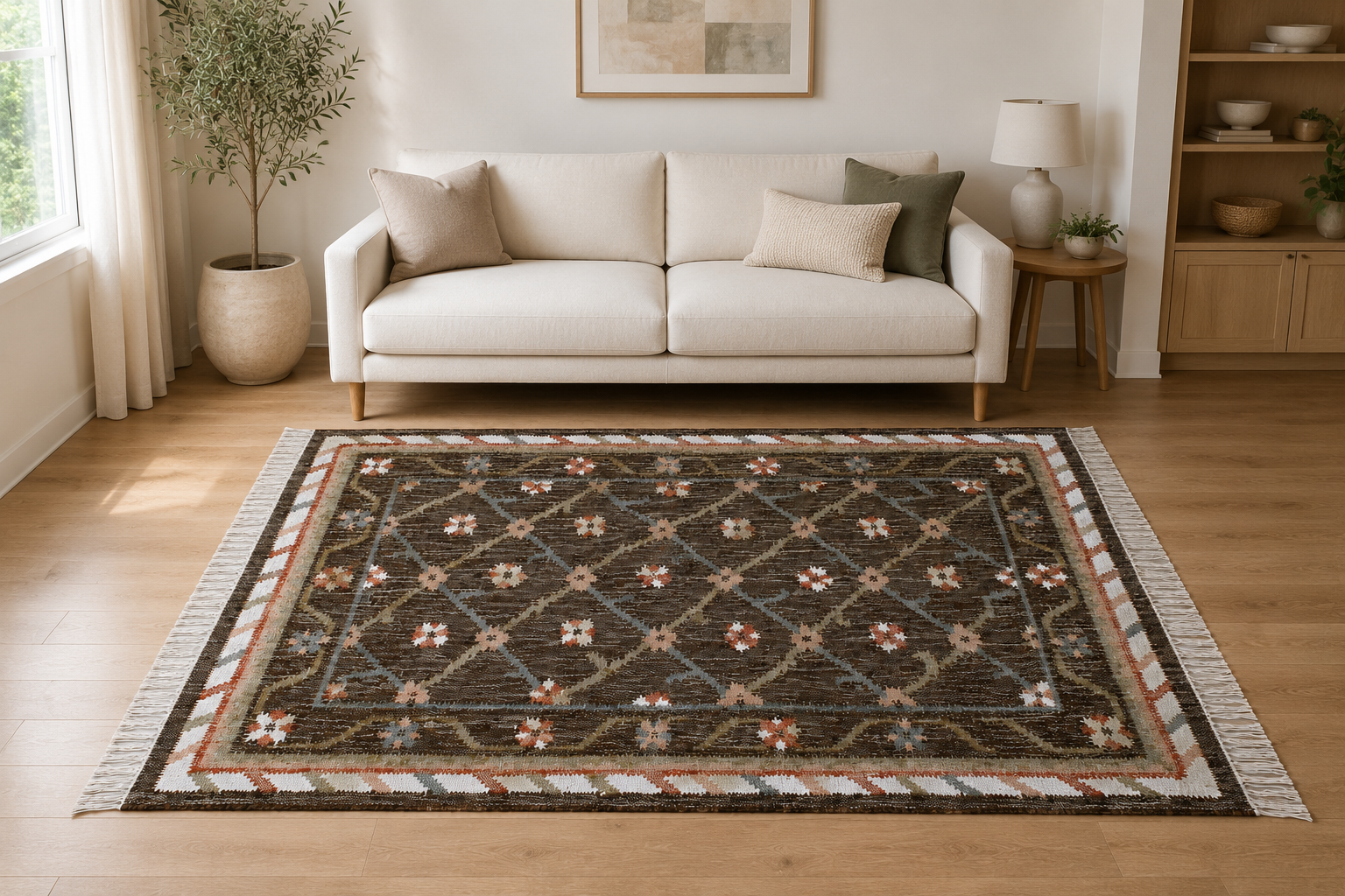 Handmade Jute Area Rug, Ivory Brown Geometric Flatweave, Fringed Boho Living Room Carpet - Image 2