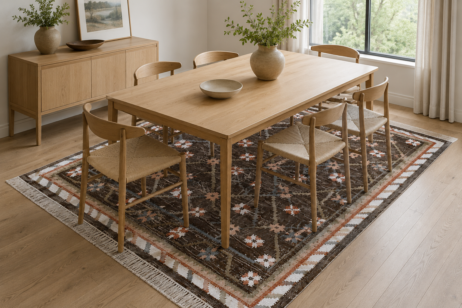 Handmade Jute Area Rug, Ivory Brown Geometric Flatweave, Fringed Boho Living Room Carpet - Image 3